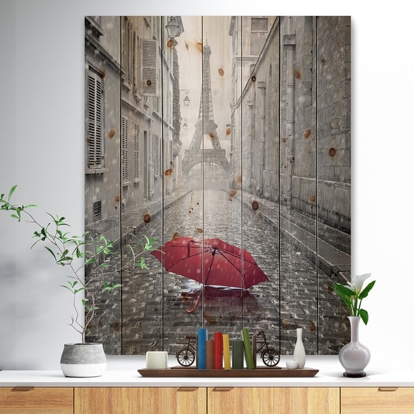 Designart 'Eiffel View from Paris Street' Cityscape Photo Print on Natural Pine Wood - Black