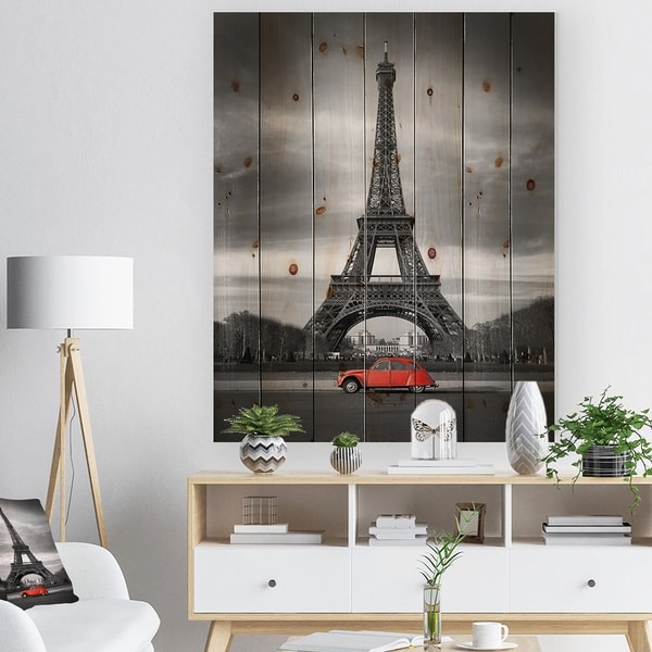Designart 'Eiffel and Old Red Car' Large Landscape Print on Natural Pine Wood - Black