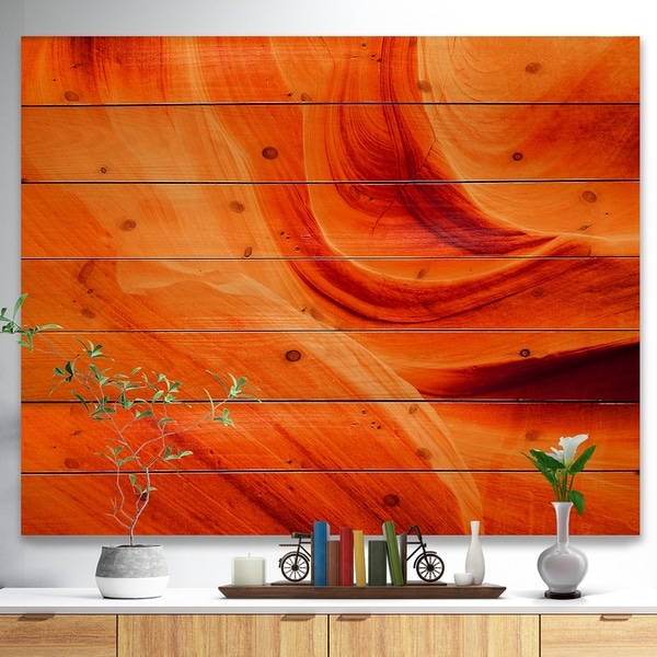 Designart 'Orange Upper Antelope Canyon' Landscape Photography Print on Natural Pine Wood - Orange