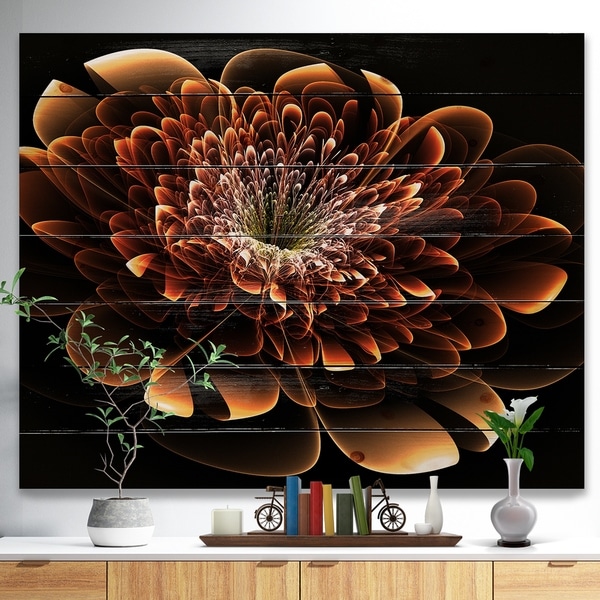 Designart 'Brown Fractal Flower' Modern Floral Print on Natural Pine Wood - Yellow