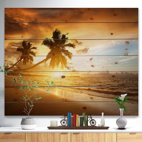Designart 'Caribbean Seashore Sunset' Seascape Photography Print on Natural Pine Wood - Yellow