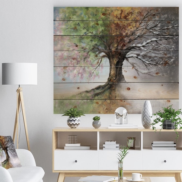 Designart 'Tree with Four Seasons' Tree Painting Print on Natural Pine Wood - Green
