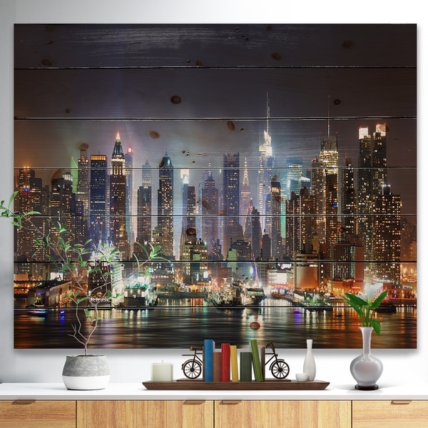 Designart 'New York Times Square in Blue Light' Cityscape Print on Natural Pine Wood