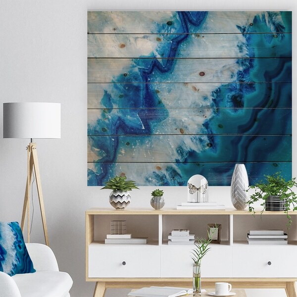 Designart 'Geode Slice Macro' Abstract Print on Natural Pine Wood - Blue