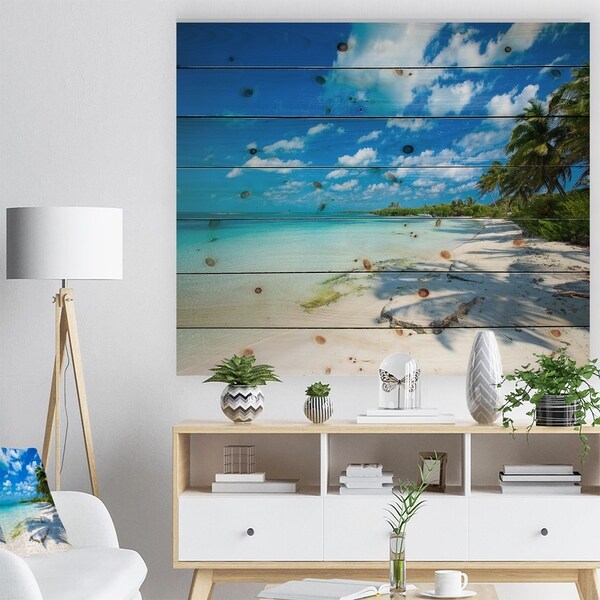Designart 'Tropical Beach with Palm Shadows' Seashore Print on Natural Pine Wood - Blue
