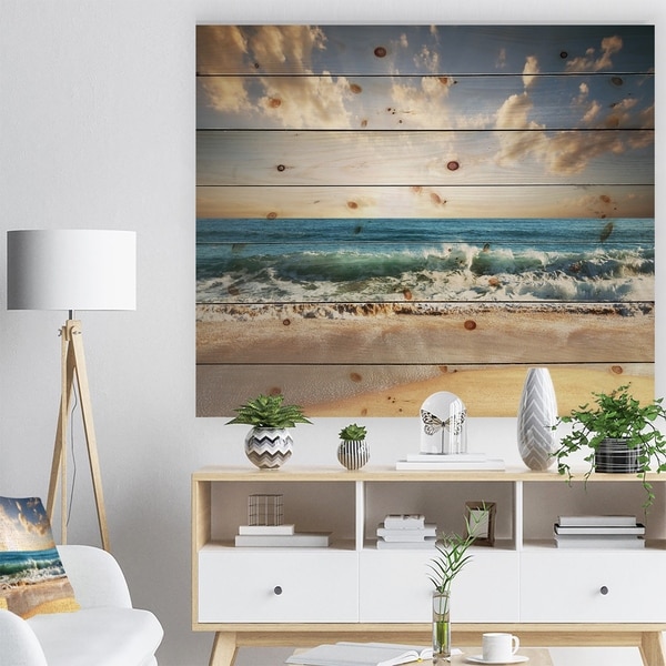 Designart 'Cloudy Sky and Vibrant Blue Sea' Seascape Print on Natural Pine Wood