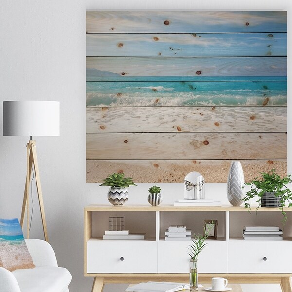 Designart 'White Waves Kissing Beach Sand' Seashore Print on Natural Pine Wood - White