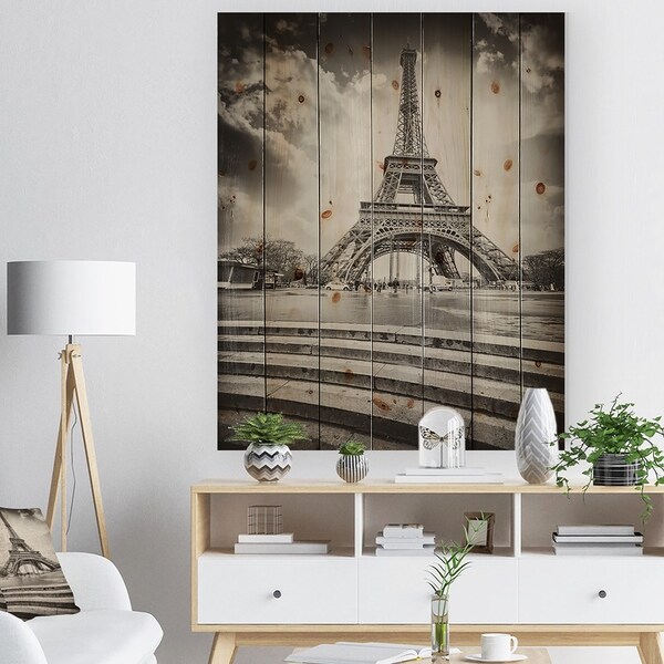 Designart 'Paris Eiffel Towerin Gray Shade' Landscape Photo Print on Natural Pine Wood - Black