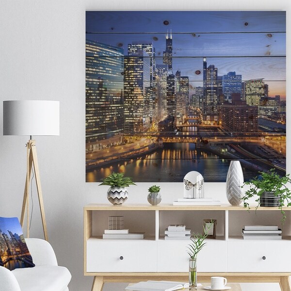 Designart 'Chicago River with Bridges at Sunset' Cityscape Print on Natural Pine Wood - Multi-color
