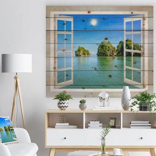 Designart 'Open Window to Ocean Islets' Landscape Print on Natural Pine Wood - Blue