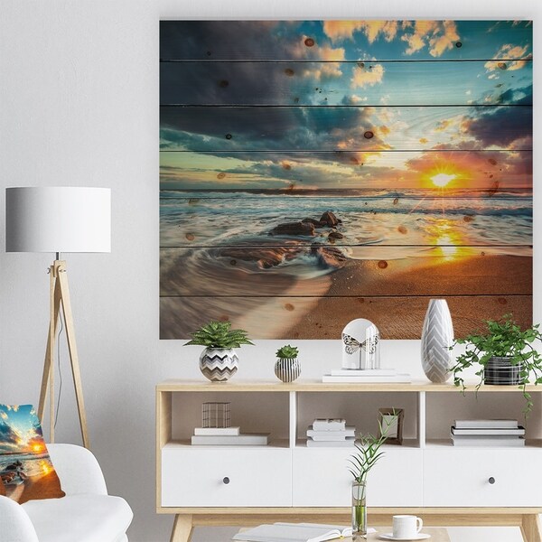 Designart 'Beautiful Cloudscape over the Sea' Modern Beach Print on Natural Pine Wood - Orange