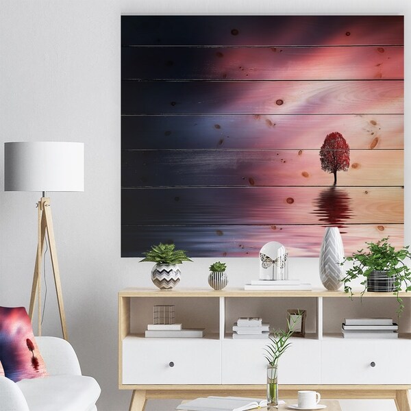Designart 'Astonishing Lonely Tree with Birds' Landscape Print on Natural Pine Wood - Multi-color