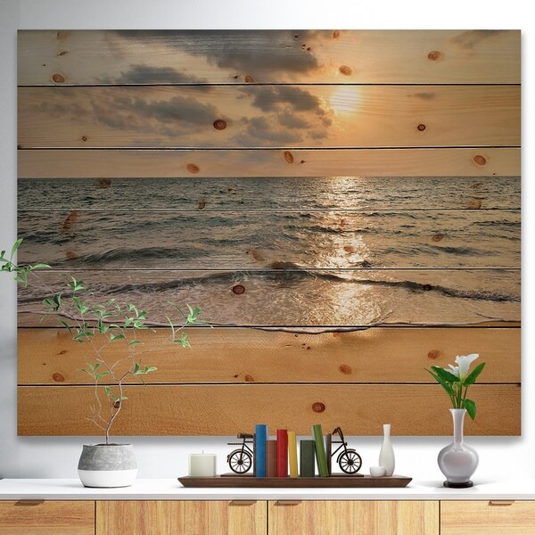 Designart 'Dark Tropical Sand Beach at Sunset' Modern Seascape Print on Natural Pine Wood - Multi-color