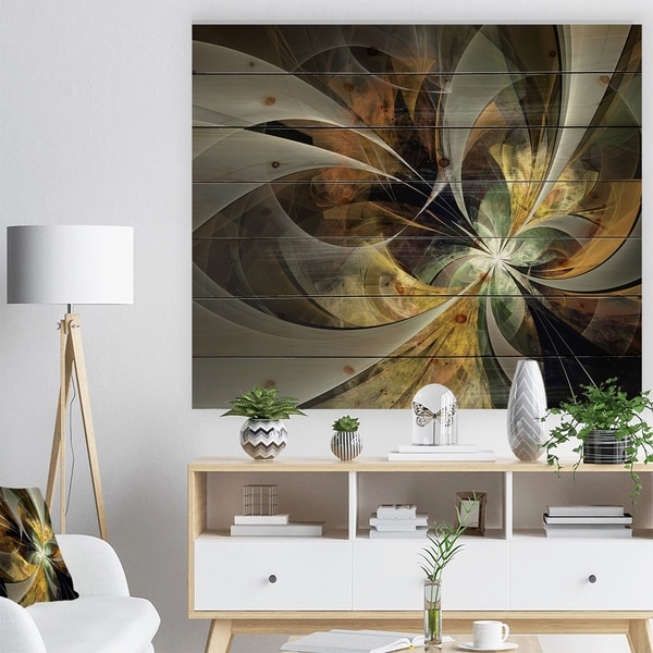 Designart 'Symmetrical Gold Fractal Flower' Floral Print on Natural Pine Wood - Black
