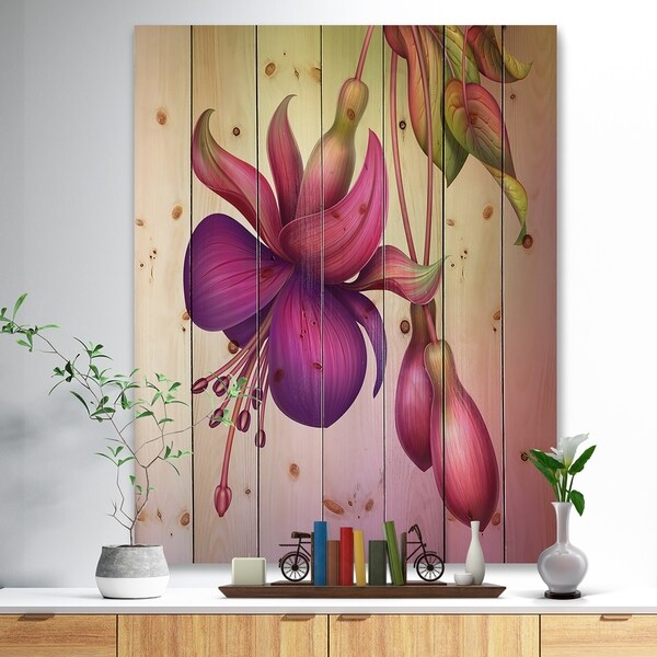 Designart 'Fuchsia Flowers with Green Leaves' Floral Print on Natural Pine Wood