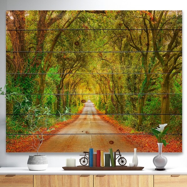 Designart 'Fall Greenery and Road Straight Ahead' Forest Print on Natural Pine Wood - Green