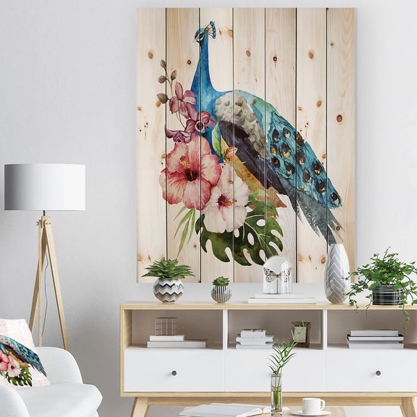 Designart 'Hibiscus Flowers and Blue Peacock' Flower Print on Natural Pine Wood