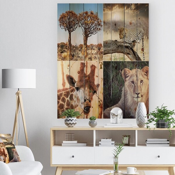Designart 'African Safari Wildlife Collage' African Landscape Print on Natural Pine Wood - Brown