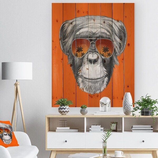 Designart 'Monkey with Mirror Sunglasses' Animal Print on Natural Pine Wood - Grey