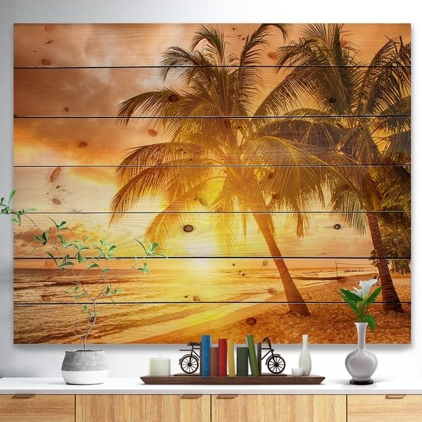 Designart 'Bright Sunset at Barbados Island' Modern Seascape Print on Natural Pine Wood - Multi-color