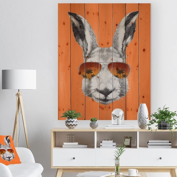 Designart 'Funny Rabbit with Sunglasses' Animal Print on Natural Pine Wood - Orange