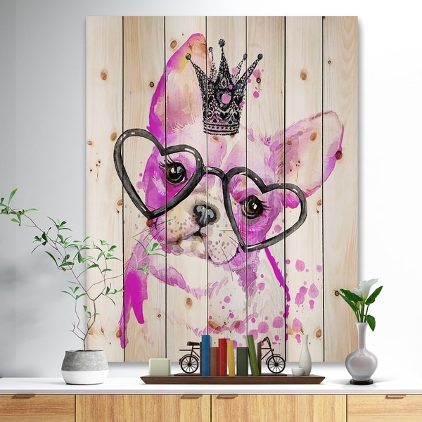 Designart 'Cute Pink Dog with Heart Glasses' Contemporary Animal Print on Natural Pine Wood