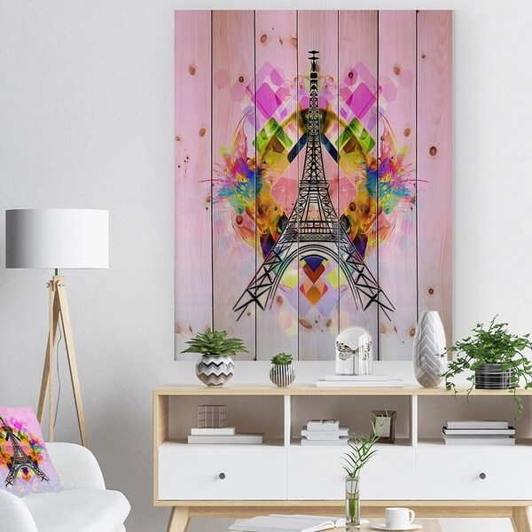 Designart 'Bright Paris Eiffel TowerCartoon' Abstract Print on Natural Pine Wood - Pink