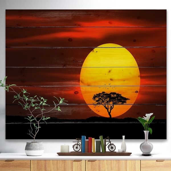 Designart 'Lonely Tree with Birds at Sunset' Landscape Print on Natural Pine Wood - Multi-color
