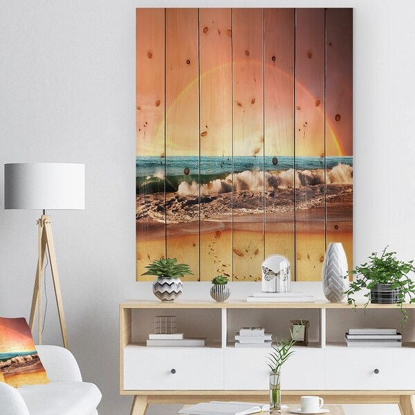 Designart 'Majestic Rainbow over Seashore' Landscape Print on Natural Pine Wood - Yellow