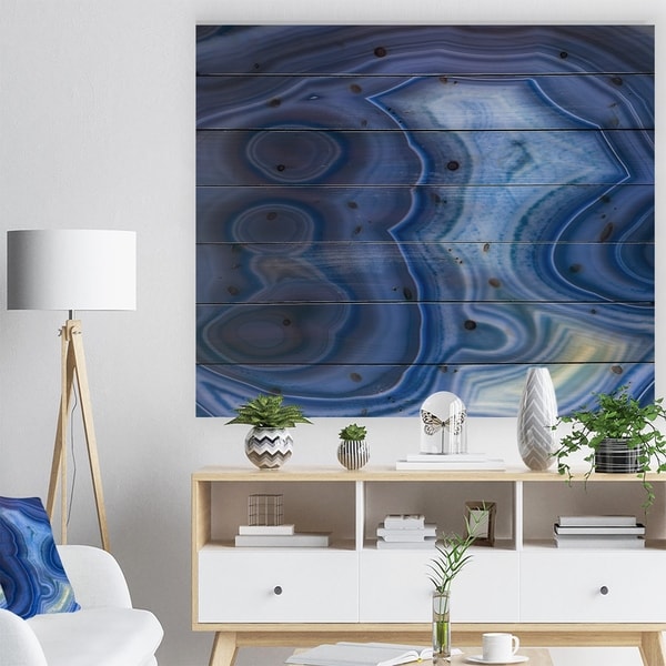 Designart 'Blue Agate Stone Design' Abstract Print on Natural Pine Wood - Blue