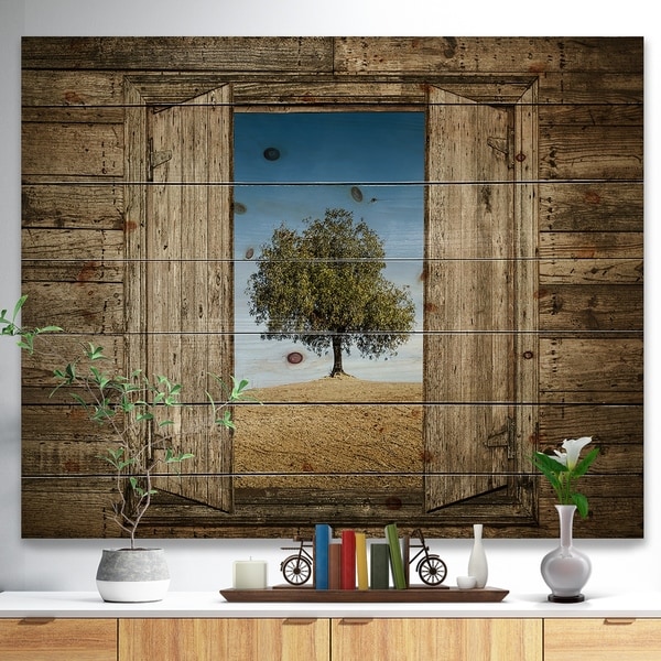 Designart 'Window Open To Solitary Tree' Farmhouse Print on Natural Pine Wood - Brown
