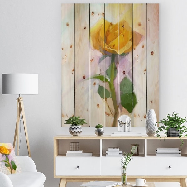 Designart 'Rose With Green Leaves Painting' Floral Print on Natural Pine Wood