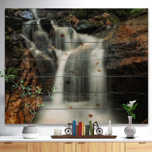 Designart 'Slow Motion Waterfall on Rocks' Landscape Print on Natural Pine Wood - Multi-color