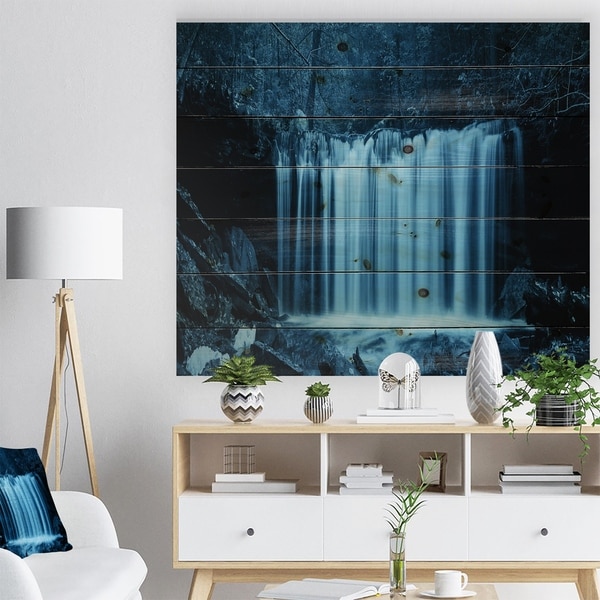 Designart 'Waterfalls in Wood Black and White' Landscape Print on Natural Pine Wood - Blue