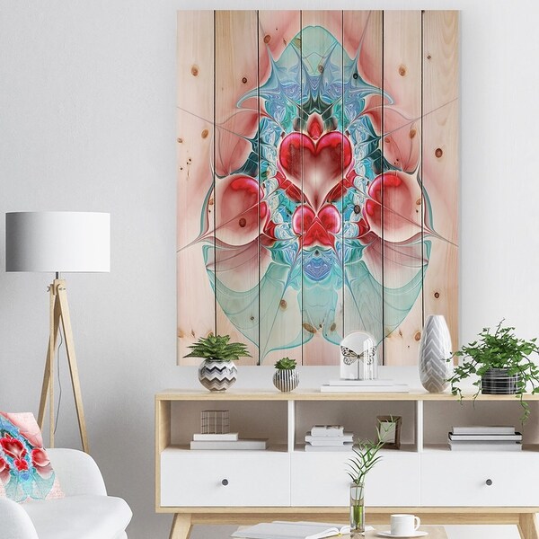 Designart 'Cold Extraterrestrial Fractal Heart Red' Floral Print on Natural Pine Wood - Red