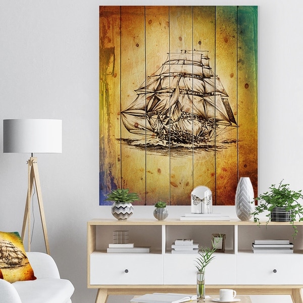 Designart 'Colorful Old Moving Boat Drawing' Seashore Print on Natural Pine Wood - Multi-color