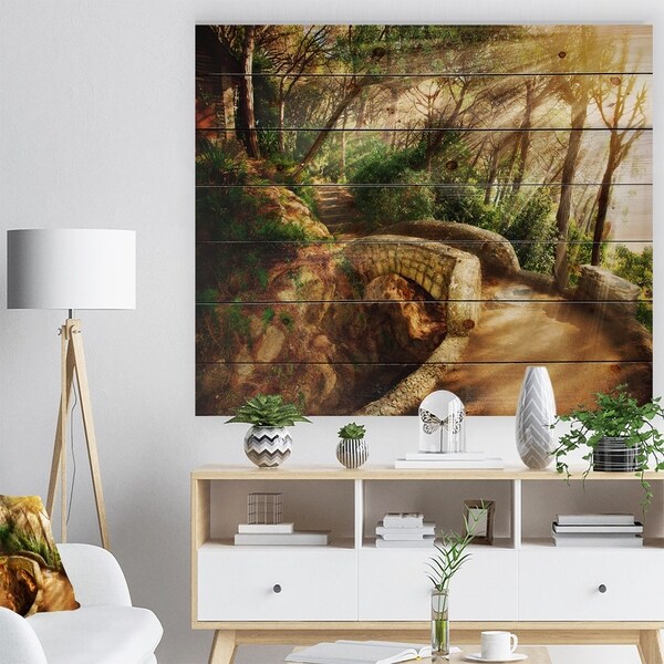 Designart 'Bright Sun in Mystical Park' Landscape Print on Natural Pine Wood - Green