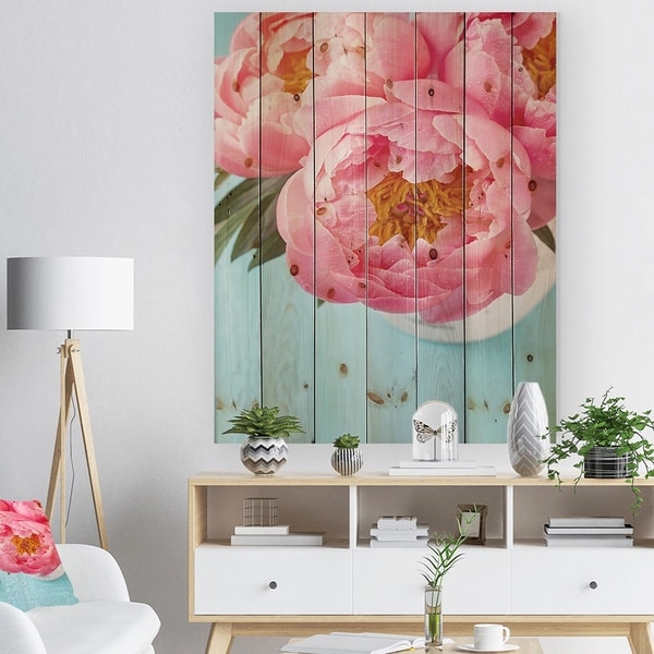 Designart 'Bunch of Light Pink Peony Flowers' Farmhouse Floral Print on Natural Pine Wood