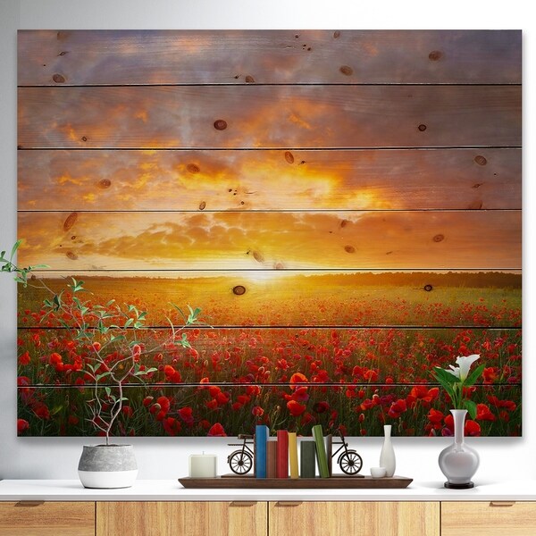 Designart 'Poppy Field under Bright Sunset' Landscape Print on Natural Pine Wood - Multi-color