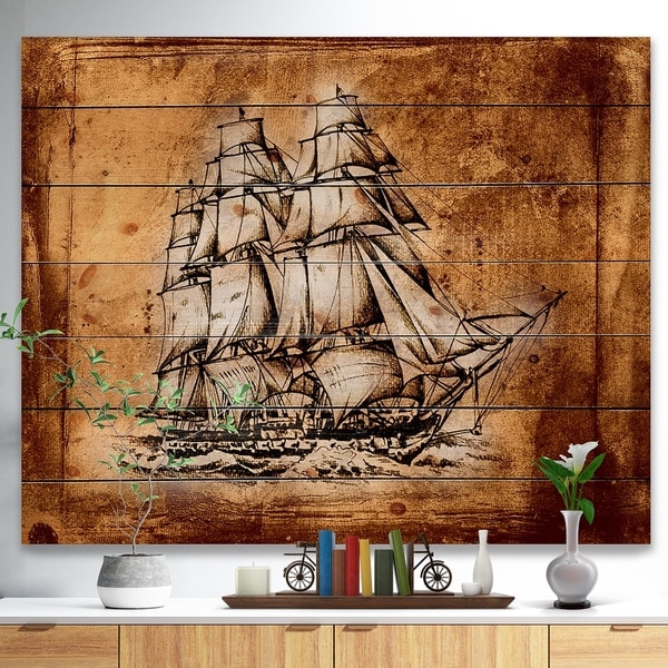Designart 'Ancient Sailboat Drawing' Seashore Print on Natural Pine Wood - Multi-color