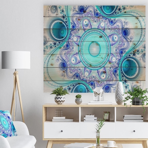 Designart 'Turquoise Wavy Curves and Circles' Abstract Print on Natural Pine Wood - Multi-color
