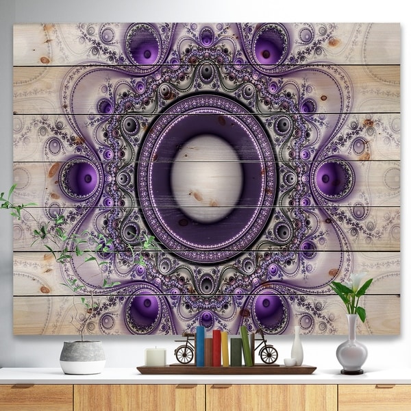 Designart 'Purple Fractal Pattern with Circles' Abstract Print on Natural Pine Wood - Purple