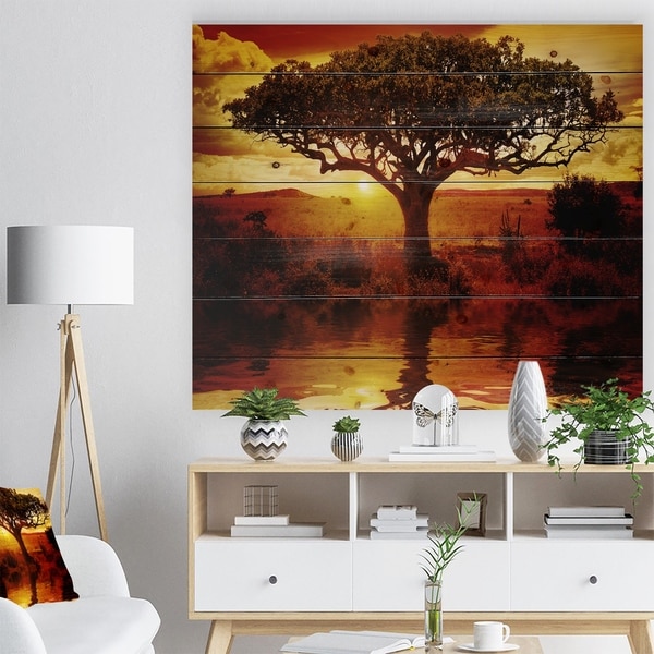 Designart 'Lonely Tree in African Sunset' African Landscape Print on Natural Pine Wood - Yellow