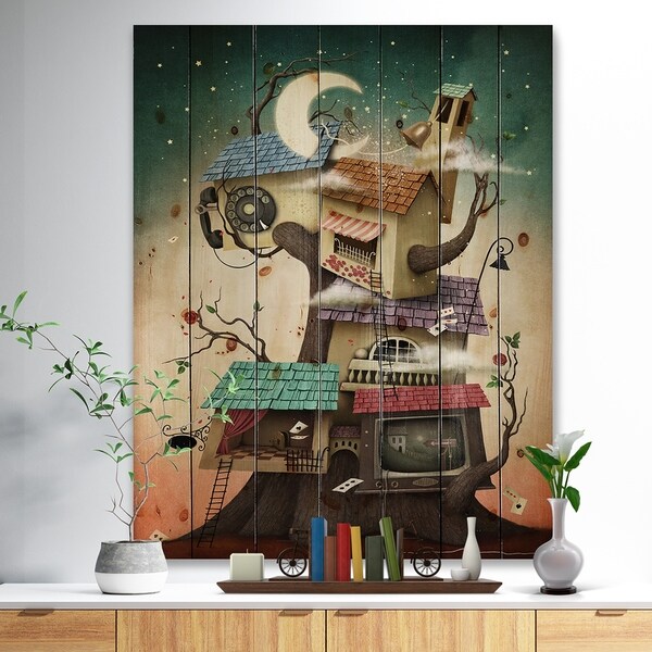 Designart 'Colorful house on tree in Stary Night' Contemporary Art Print on Natural Pine Wood - Blue