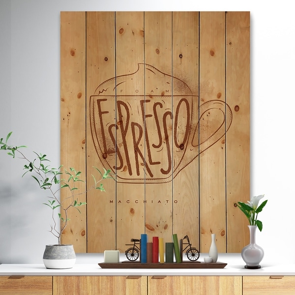 Designart 'Macciato cup craft' Food Painting Print on Natural Pine Wood - Brown