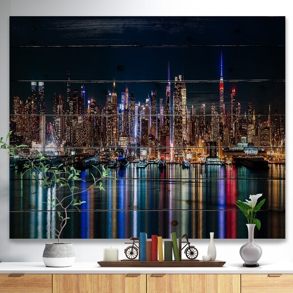 Designart 'New York Midtown Night Panorama' Print on Natural Pine Wood - Blue