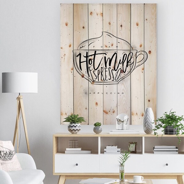 Designart 'Cappuccino cup white' Food Painting Print on Natural Pine Wood - White