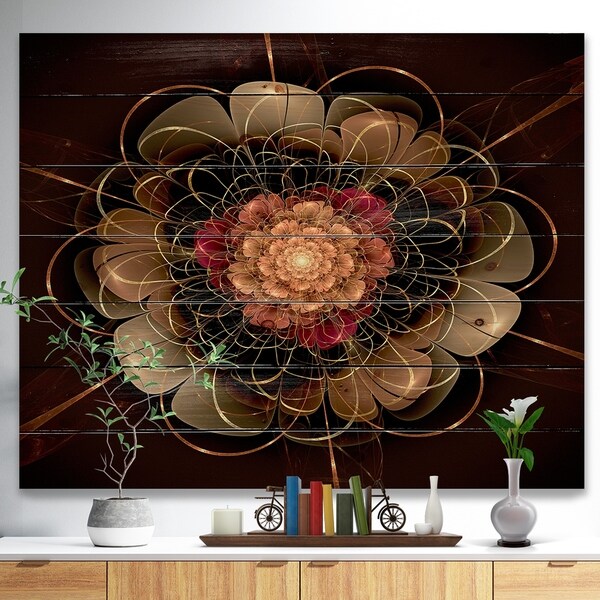 Designart 'Dark Gold Red Fractal Flower Pattern' Floral Print on Natural Pine Wood