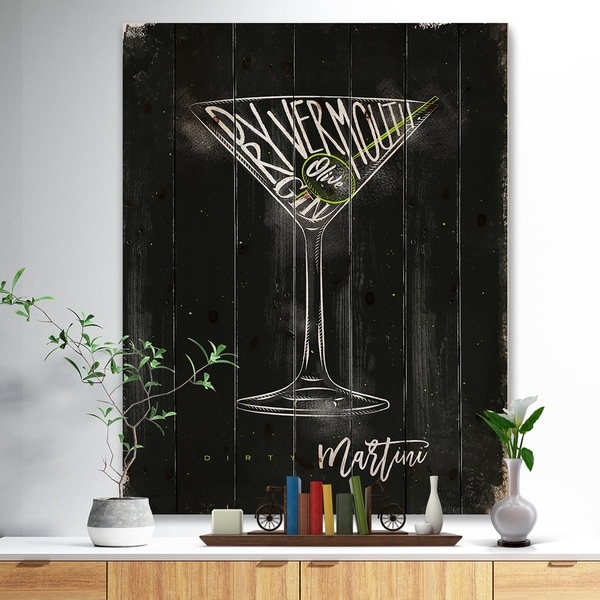 Designart 'Dirty martini cocktail chalk color' Food Painting Print on Natural Pine Wood - Black
