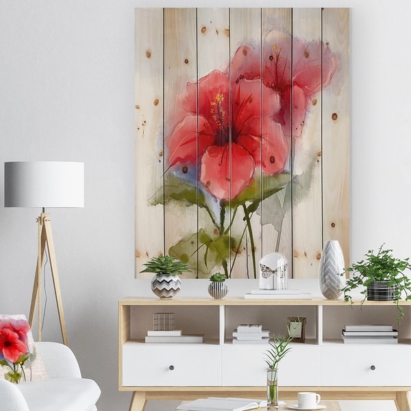 Designart 'Watercolor Painting Red Hibiscus Flower' Floral Print on Natural Pine Wood